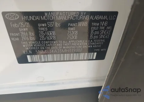 2021 Hyundai Santa Fe Sel из США, поврежденный, VIN 5NMS34AJ3MH339307